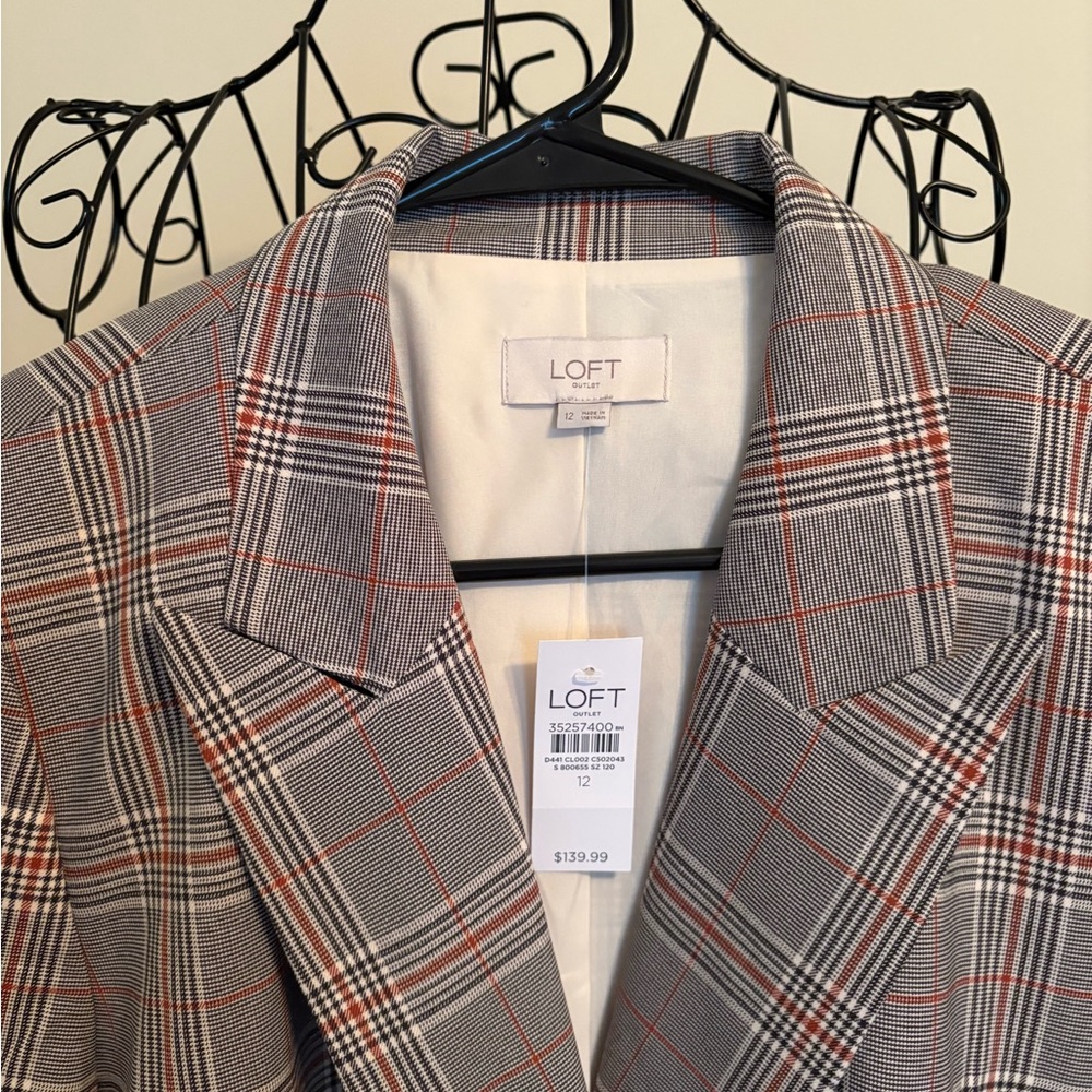 LOFT Women’s Plaid Double-Breasted Blazer - Gray with Red Accent - Picture 2 of 3